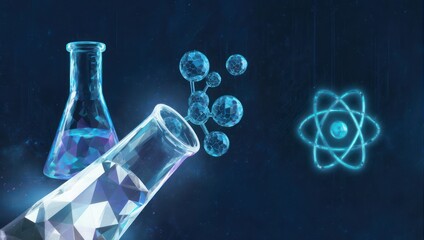 Abstract illustration of flasks and molecules, glowing in blue tones, against a dark background.  A stylized atom symbol is also present