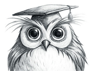 Handdrawn owl wearing a graduation cap, isolated on transparent background, sketch style