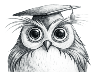 Handdrawn owl wearing a graduation cap, isolated on transparent background, sketch style