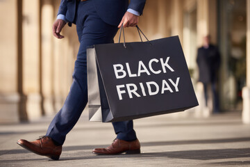 Stylish man walks outdoors carrying a black shopping bag displaying Black Friday text. He is on a city street, enjoying seasonal sales and retail promotions.