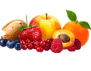 Close-up of assorted fruits, including apple, strawberry, orange, and berries, against a dark background