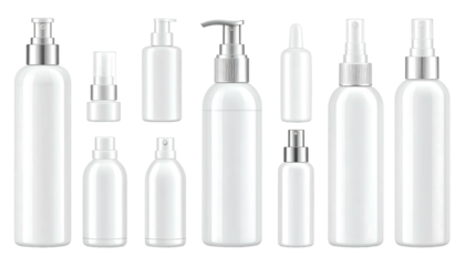 Group of various white bottles with silver pumps/sprayers, arranged in two rows on a black background