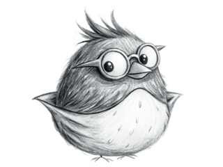 Cute bird with glasses, handdrawn in pencil, isolated on transparent background