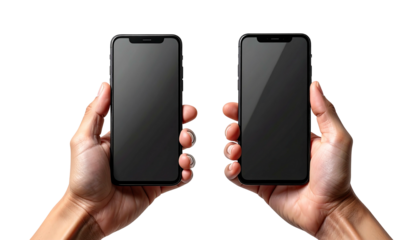 Two hands holding identical black-screened smartphones against a stark black background, showcasing technology and accessibility