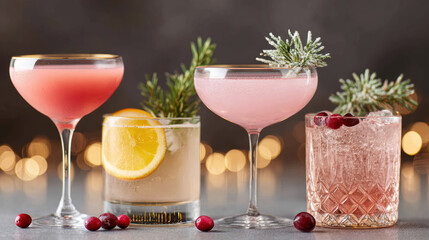 Four elegant holiday cocktails in coupe and rocks glass, festive pink assortment with cranberry, lemon, and rosemary garnish. celebratory drink collection for party night