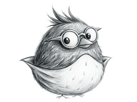 Cute bird with glasses, handdrawn in pencil, isolated on transparent background - Powered by Adobe
