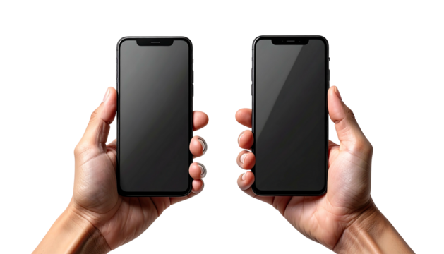 Two hands holding identical black-screened smartphones against a stark black background, showcasing technology and accessibility