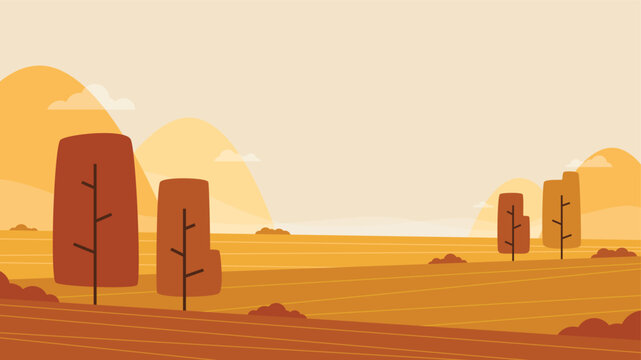 Minimalist warm autumn landscape flat illustration with stylized trees and hills suitable for seasonal events and nature backgrounds.