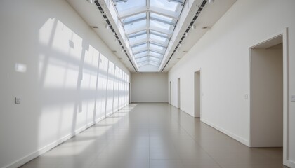 Bright and Spacious Minimalist Interior Gallery with Skylight and Large White Walls