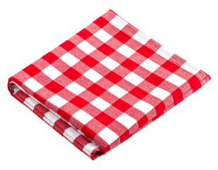 Red and white checkered cloth napkin, folded and slightly angled on a black background