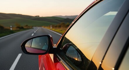 Road trip view from a car, showing the side mirror and a winding road