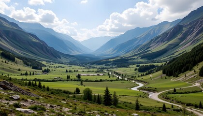 Vast Green Valley Surrounded by Majestic Mountains Under a Bright Blue Sky with Fluffy Clouds