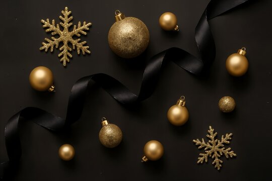 Luxury Christmas flat lay with golden ornaments, snowflakes and black ribbon on dark background, elegant festive composition.