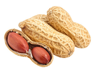Close-up of three peanuts, one cracked open revealing two red nuts, against a transparent background, studio lighting