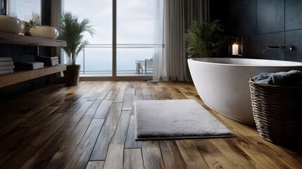 Fototapeta premium A modern luxury bathroom with a freestanding bathtub wooden floor and a serene ocean view