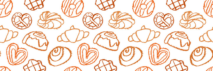 Seamless pattern of bakery pastries in crayon style. Pattern of croissants and cinnamon rolls on white background. Bakery pattern 