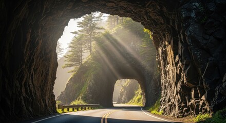 Road through tunnel, sunlit rays, lush vegetation, natural rock formations