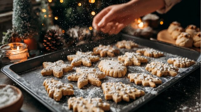 Star- and tree-shaped homemade cookies are dusted with powdered sugar in a cozy, festive atmosphere filled with lights