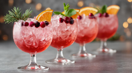 Festive red cranberry cocktail with crushed ice and garnish of orange and mint. celebratory holiday drink for party, looking refreshing and elegant on table