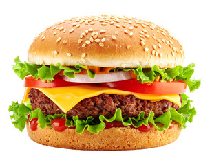 A tasty burger with lettuce, cheese, tomato, onion, and a sesame seed bun on a black background