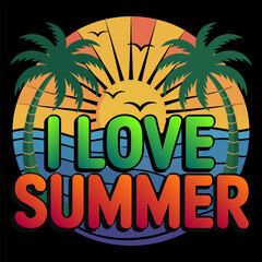 I Love Summer text with palm trees and sunset over ocean graphic typography