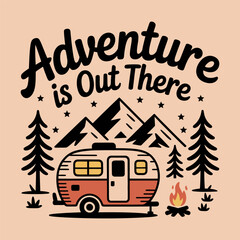 Retro camper van with campfire and mountains under starry sky camping adventure