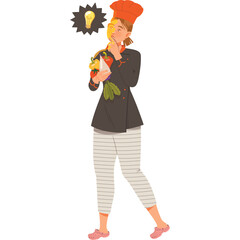 Chef Woman Holding Fresh Vegetables Considering A New Recipe Idea With A Light Bulb Icon Above Her...