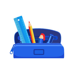 Blue pencil case with ruler and pencils on white background stationery school supplies
