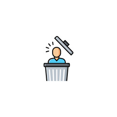 Stylized illustration of a person in a trash can with lid open garbage waste