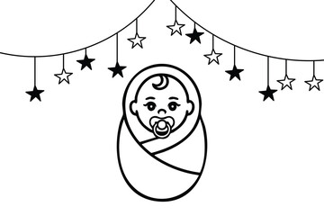 Baby wrapped in blanket with stars decoration isolated on white background