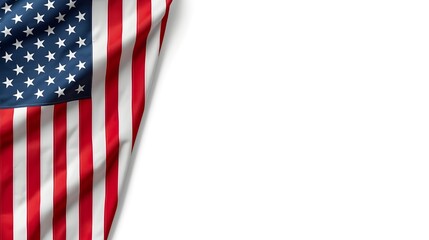 Close up of a waving american flag with stars and stripes on the left side against a clean white background