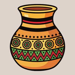 Stylized yellow and orange ceramic vase with black red and green geometric patterns