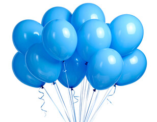 Cluster of vivid, light-blue balloons with curling ribbons against a solid black background, airy and festive