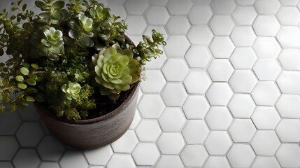 A lush potted succulent plant rests on a clean white hexagonal tile surface offering a natural touch