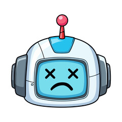 Cartoon robot head with dead eyes and sad mouth on white background character machine