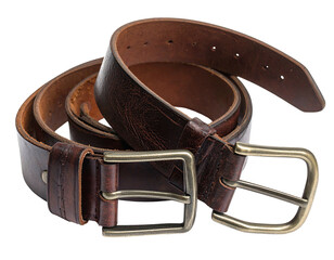 Coiled, aged brown leather belt with a tarnished buckle, presented against a black backdrop