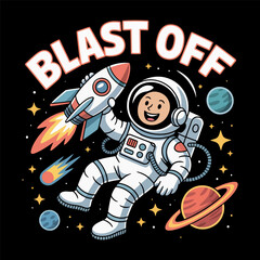 Cheerful astronaut floating in space holding a rocket with planets and stars blast off 1