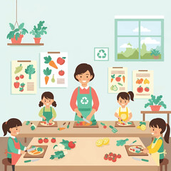 Illustration of children and a teacher preparing vegan food in a classroom with educational posters on the wall, promoting healthy eating on World Vegan Day with a colorful and lively