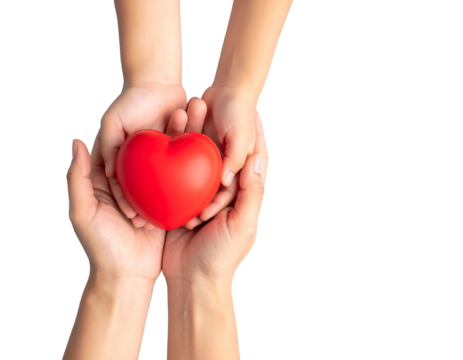 Hands holding a red heart, smaller hands above, against a stark black background creating focus and emphasizing care
