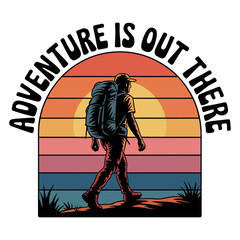 Hiker with backpack walking against a retro sunset striped background vector