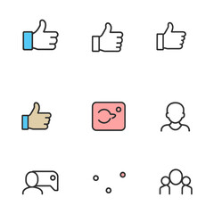 Collection of nine simple flat design icons with thumbs up and people symbols like approval