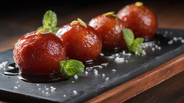 Indian gulab jamun plated on sleek Japanese slate platter