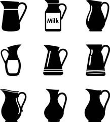 Collection of nine black silhouette milk jugs and pitchers on white background container