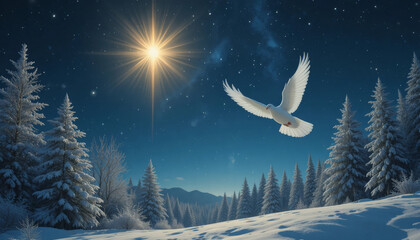 Peaceful winter landscape with white doves flying above a glowing Christmas star, serene background