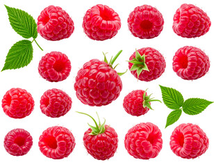Collection of bright, ripe raspberries, some with leaves, against a stark black background