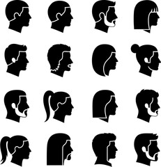 Collection of Black Silhouettes of Diverse Human Heads in Profile View male