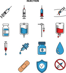 Medical injection icons including syringes vials I V bags and band aid healthcare