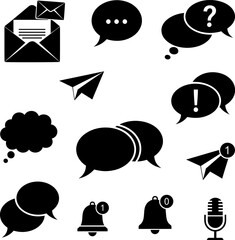 Black communication icons including speech bubbles paper airplanes notification bells and microphone