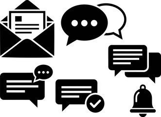 Collection of black communication icons including envelope message chat bubbles and bell