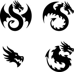 Four black silhouette dragon designs including full body and head profiles white